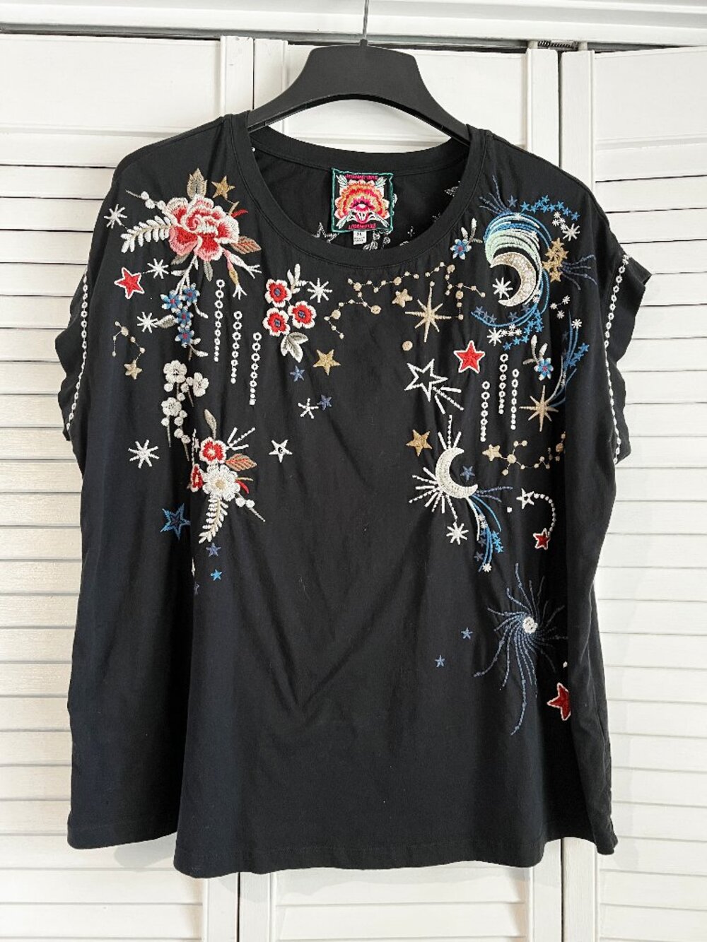Johnny Was Black Embroidered Celestial Constellation Top XL